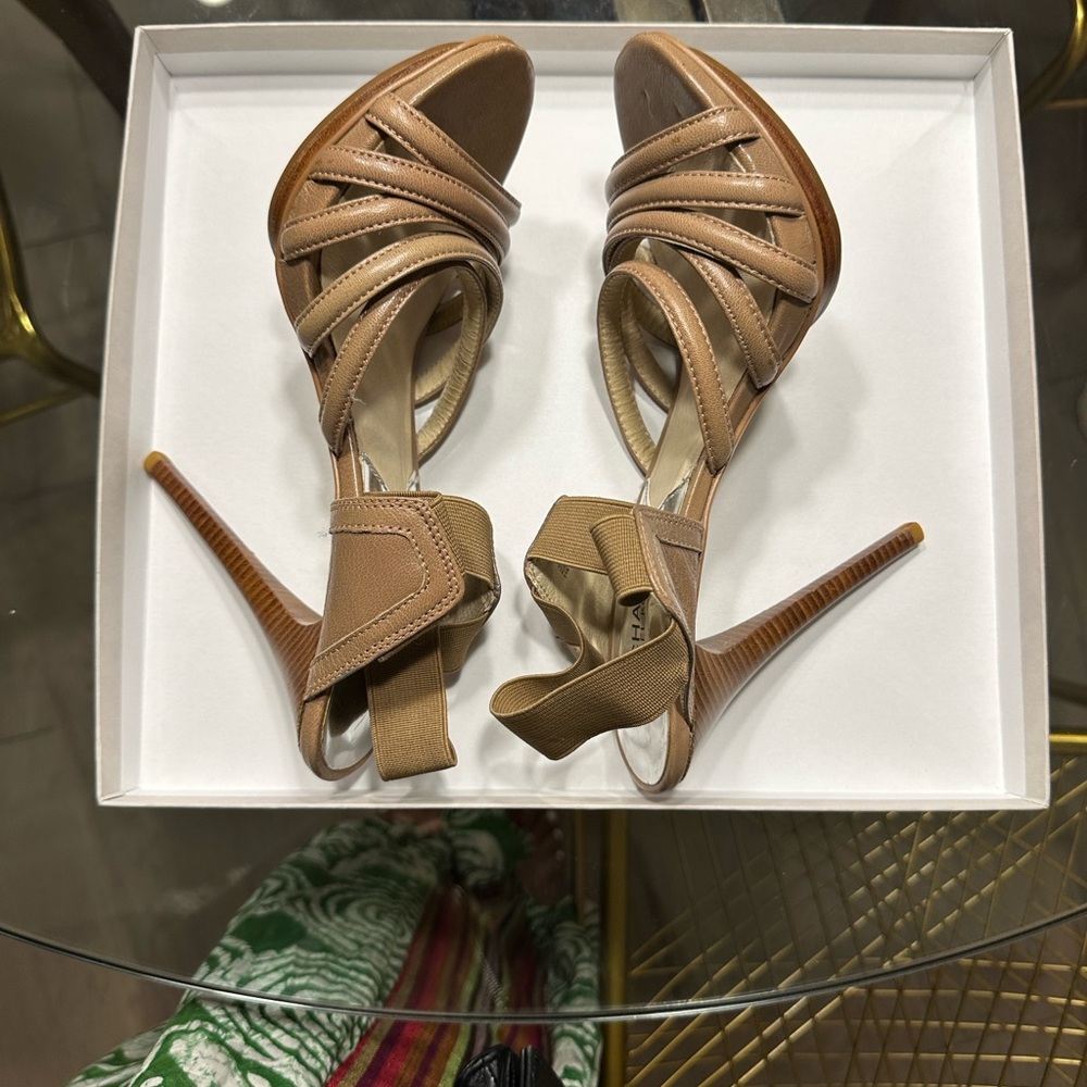 Michael Kors Tan Multi-Strap Elastic Ankle Heels